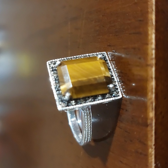 Vintage Jewelry - Natural Tiger's Eye Smoky Quartz Crystals Sterling Silver Ring Size 7.75